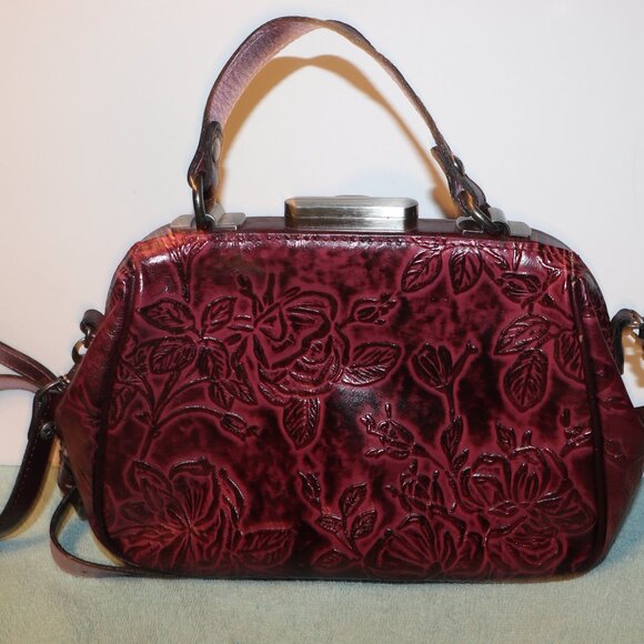 Patricia Nash Gracchi Tooled Leather Frame Satchel Crossbody Purse– Dark Red - Picture 4 of 12